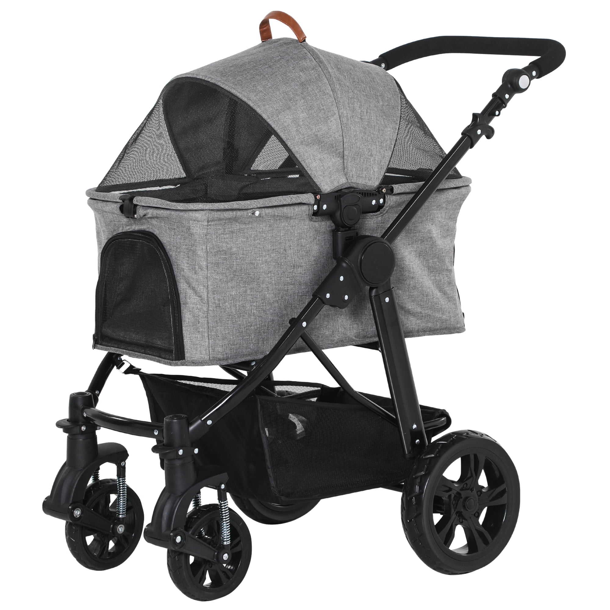 PawHut Dog Stroller with Adjustable Canopy Safety Leashes and Carrying Bag, Grey, Gray