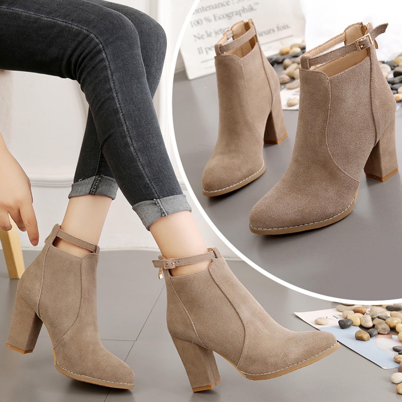 Yang Su Ankle Boots Women Buckle High Heel Slip Pointed Toe Winter Chunky Ankle Boots Back Zipper Shoes Beige 39