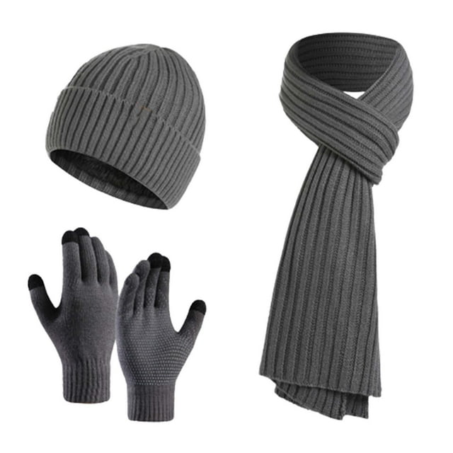 Traje de tres piezas para hombre y mujer, tejido grueso y cálido, con gorro, bufanda y guantes de lana.
