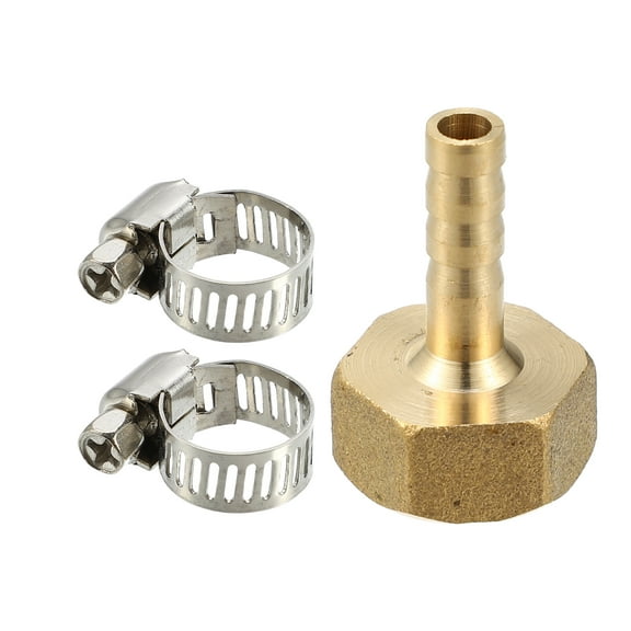 Unique Bargains 1pcs 1/4" Barb x 3/8" NPT Female Brass Fitting Hose Adapter 6mm OD Brass Hose Fitting with 2 Clamps