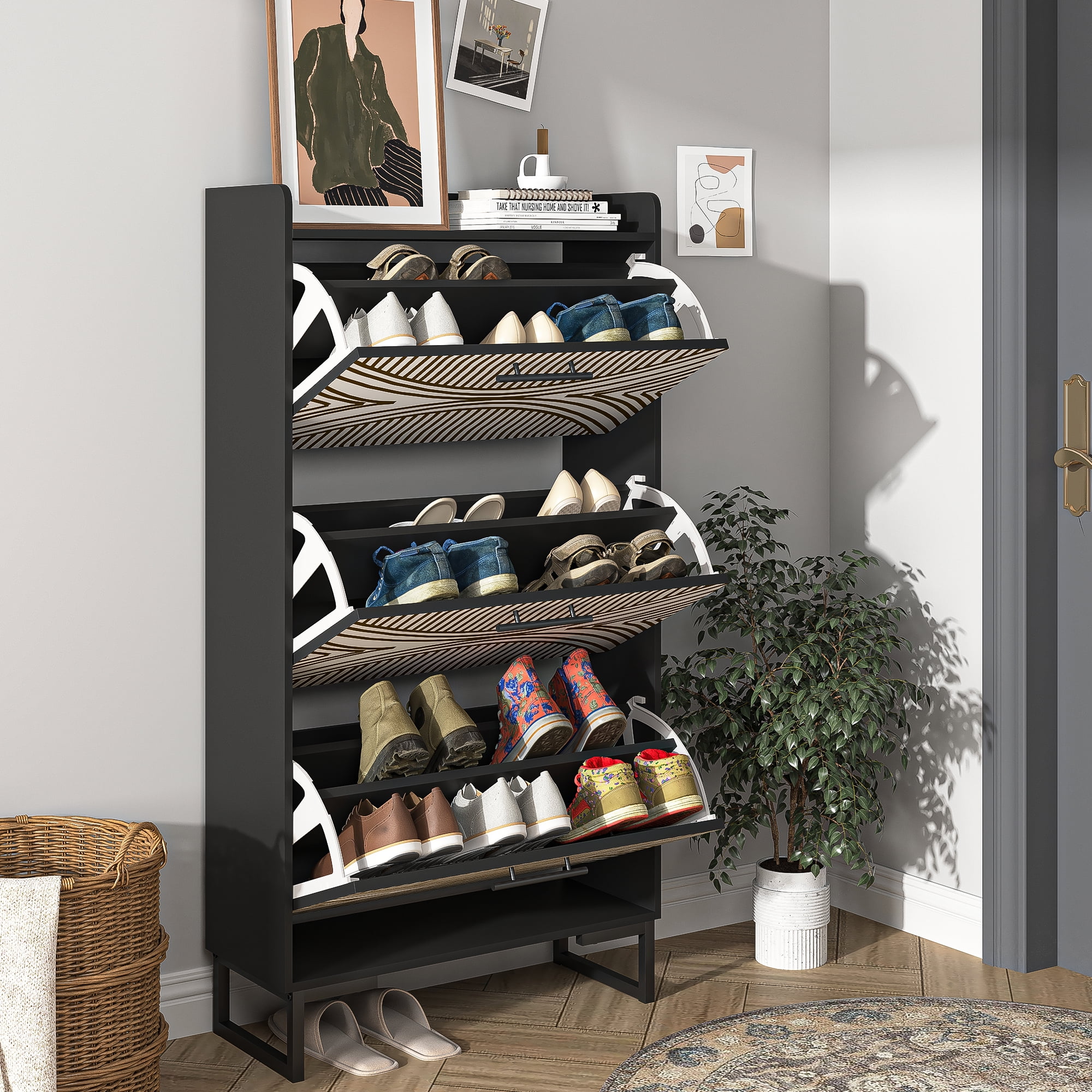 YYAo Entryway Shoe Cabinet, Shoes Storage Organizer Narrow Shoe Storage Rack with Flip Doors, Tipping Bucket Shoe Cabinet for Closet, Living Room, Black