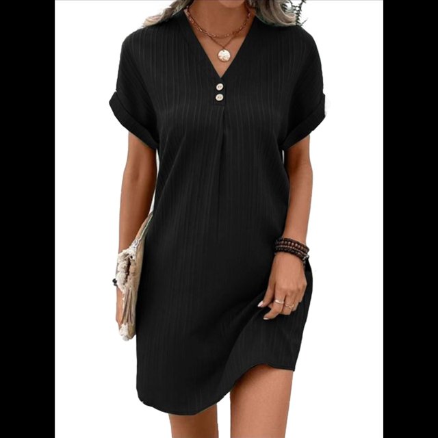 Camisa de Verano para Mujer, de Algodón y , con Cuello en V, Informal, de Corta, Holgada, Color Negro, Talla XL