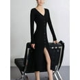 thumbnail image 6 of Women'S V-Neck Front Slit Rib Button Down Sweater Dress Black S, 6 of 7