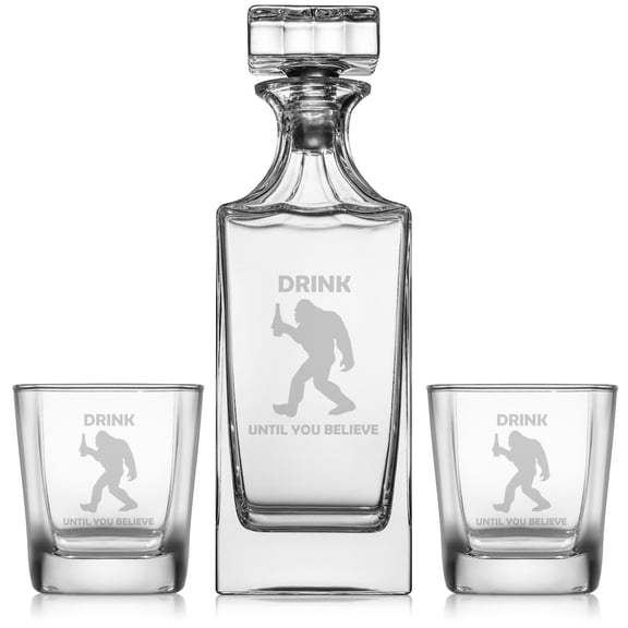 Whiskey Decanter Gift Set With 2 Whiskey Old Fashioned Rocks Glasses Drink Until You Believe Funny Bigfoot Sasquatch