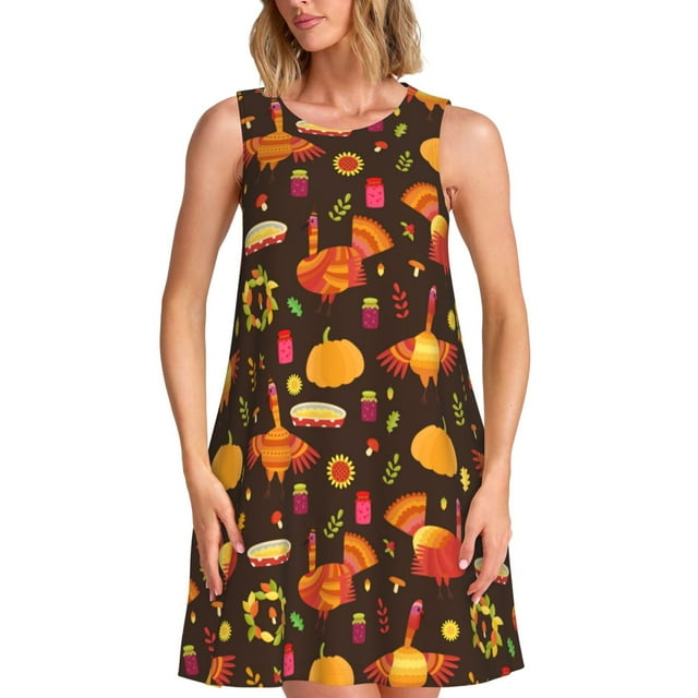 Bixox Robe Sans Manches Imprimée Dinde de l'Action de Grâce pour Femmes avec Poches, Robe Décontractée Longueur Genou pour l'Été-3TG