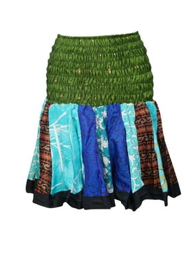 Mogul Womens Vintage Silk Colorful Flowy Short Skirt Printed Ruched Waist Flirty Boho Chic Mini Skirts