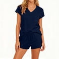 thumbnail image 2 of FRSASU Women's 2 Piece Outfits Casual Short Sleeve Pullover Tops and Drawstring Shorts Pants Lounge Sets Navy, 2 of 7