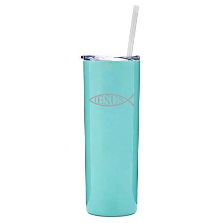 

20 oz Skinny Tall Tumbler Stainless Steel Vacuum Insulated Travel Mug With Straw Jesus Fish (Light Blue)