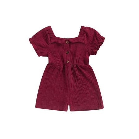 

ZIYIXIN Toddler Baby Girls Short Pleated Bodysuit Short Sleeve Buttons Romper Solid Color One-Piece Clothes Wine Red 2-3 Years