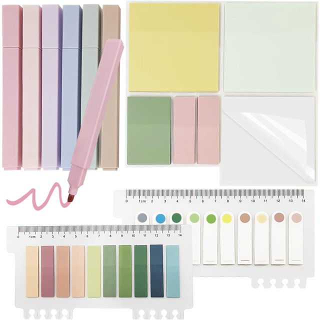 YWC-706 Transparent Sticky Notes Tabs with Highlighters, Include 6 Pastel Highlighter Pens No Bleed and 700 Clear Post it Notes for Bible Book Annotation School Office Stationary Supplies Aesthetic