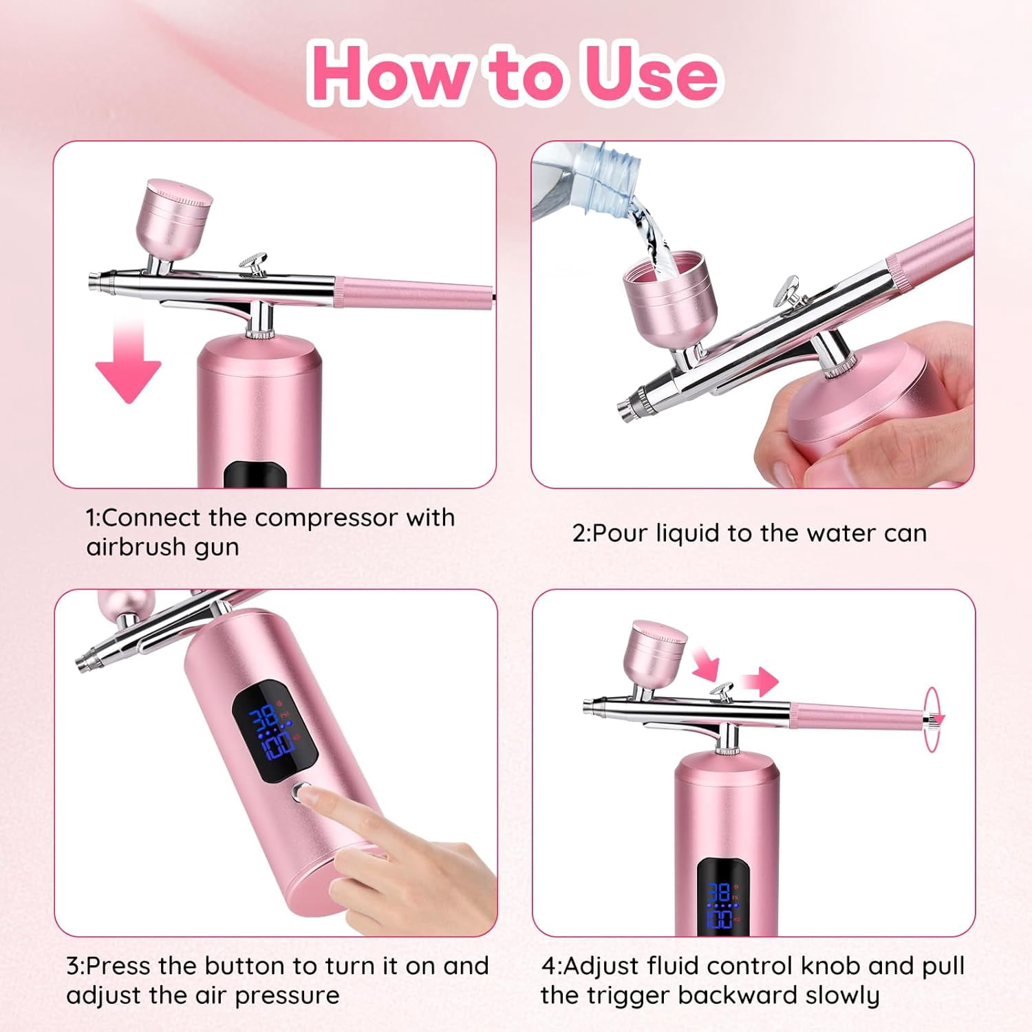 Airbrush Kit with Compressor, LED Display, Great for Painting, Modeling, Cake Decorating, Makeup, Nail Art、DIY (Pink)