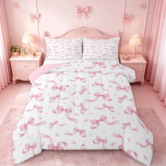 jejeloiu Pink White Twin Comforter Sets,Girls Cute Bowtie Bedding Set For Girls Women Reversible 2pcs