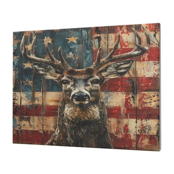 Daiia American Flag Deer Art Print Canvas Decorative Picture – 30x40in Artistic Wall Art, Ready-to-Hang Canvas Print for Living Room（Horizontal）