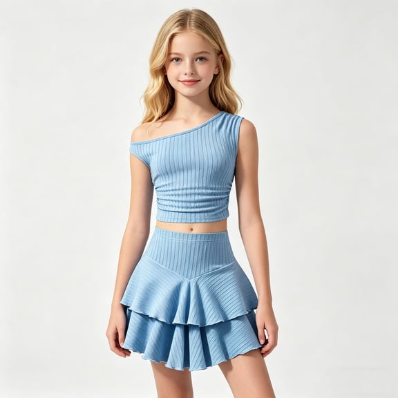 MEZZALL Child Girls Summer Outfit Sets Off Shoulder Knit Tops With Layered Ruffle Skirt Teen Two Piece Coordinated Lovely Daily Clothes Sets