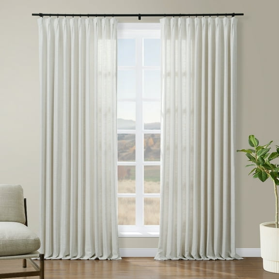 TWOPAGES 52 W X 108 L Inch Length Curtain Pinch Pleated Header Room Darkening Drape Linen Blend Drapery for Bedroom, 1 Panel, Beige White