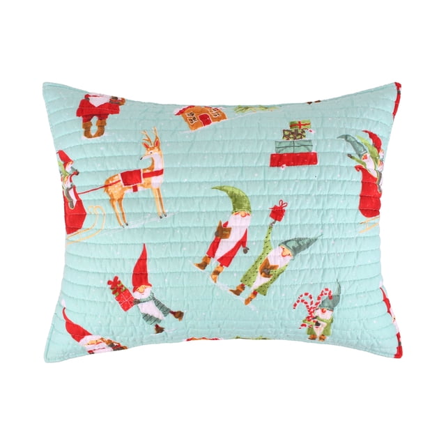 Merry & Bright de Levtex Home - Gnomo para las fiestas - Funda acolchada estándar - Gnomos navideños - Rojo, blanco, verde, verde azulado, gris pardo - Reversible - Microfibra