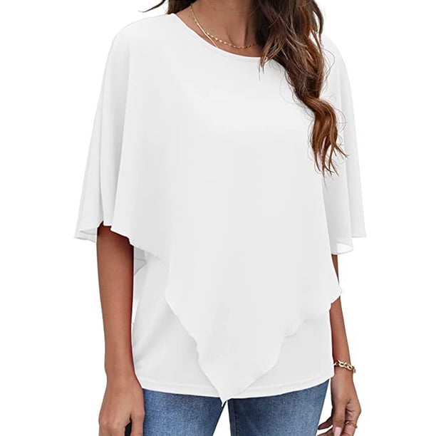 Txlixc Blusas de gasa fluidas para mujer, blusas de cuello redondo sueltas de color sólido informales de doble capa Txlixc Moda