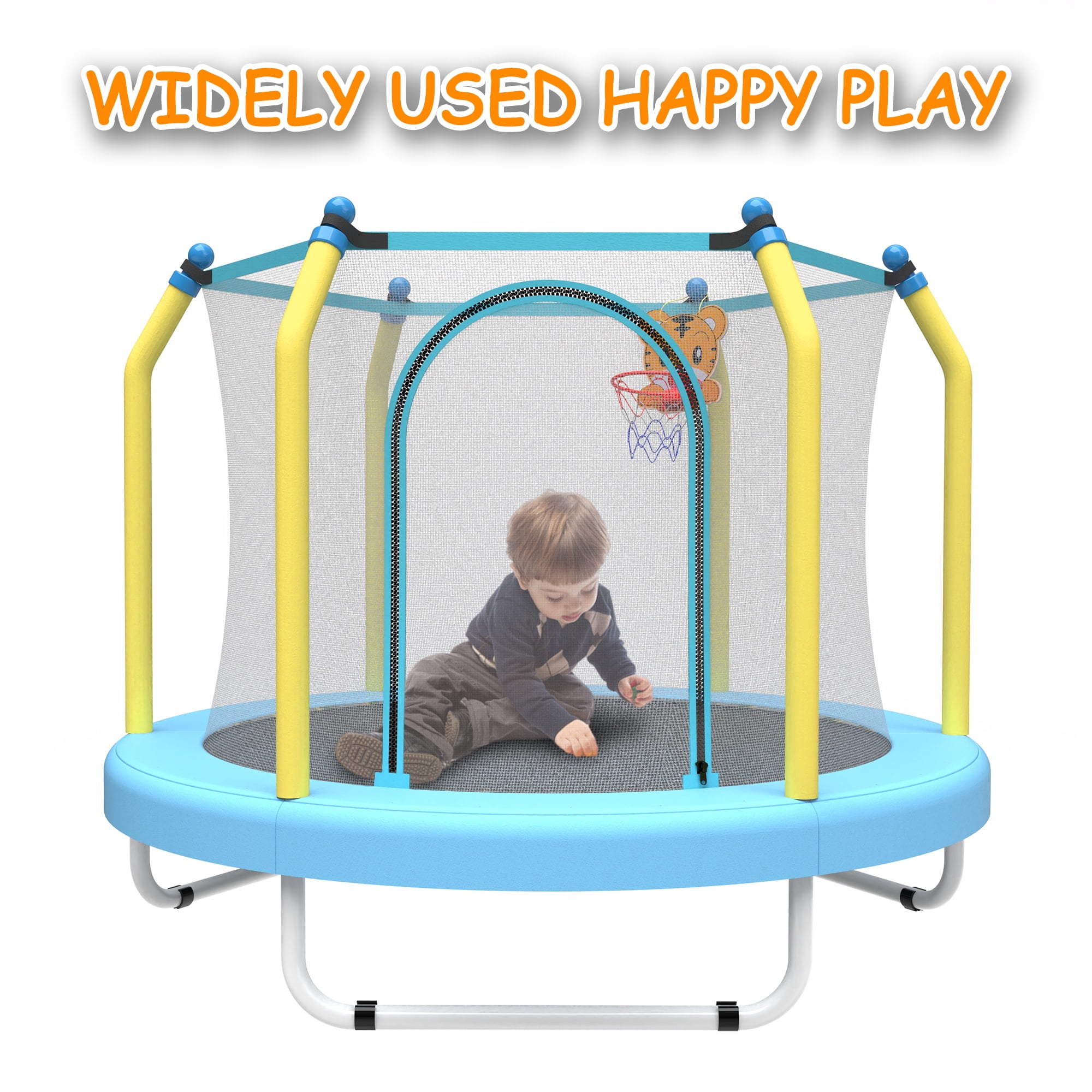 Toddler Trampoline with Safety Enclosure Net, Segmart Mini Trampoline with Cartoon Basketball Hoop, Recreational Trampoline with No-Gap Safe Design, Birthday Gifts for Boys & Girls