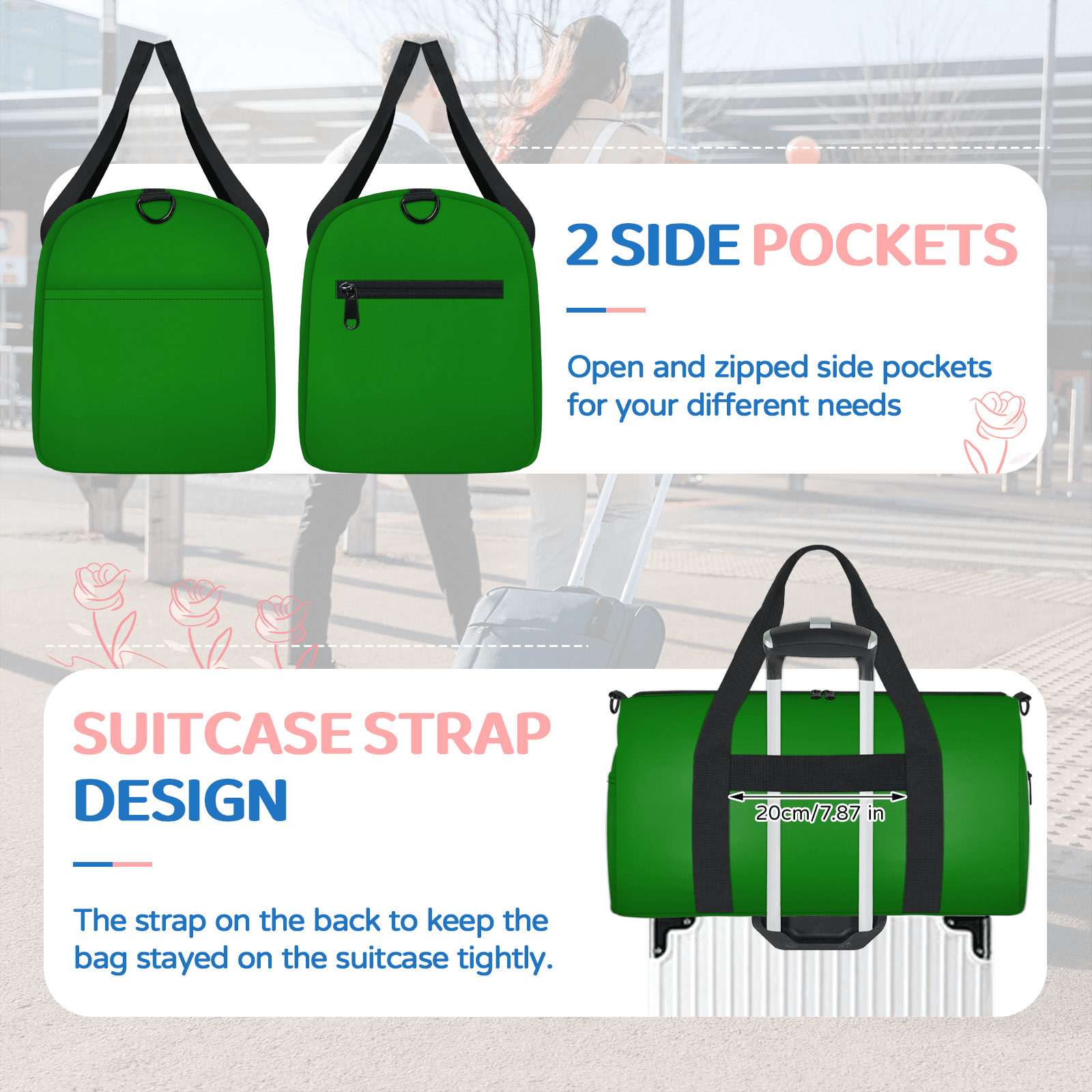 Herdesigns Green Travel Duffle Bag Sports Yoga Weekender Overnight Carry on Workout Bags Lightweight Waterproof Gym Tote Bag for Women