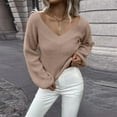 thumbnail image 2 of IROINNID Womens Sweater V-Neck Pullover Sweater Solid Color Comfy Short Length Long Sleeve Sweater Top Sweater, 2 of 6