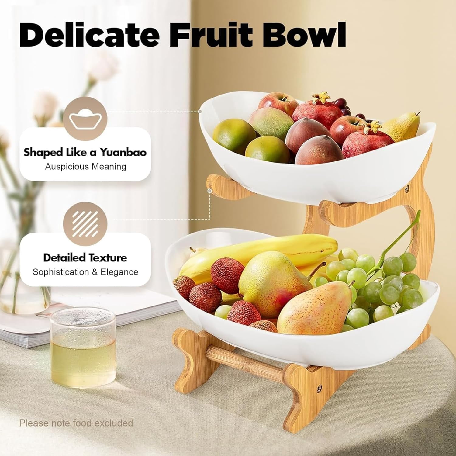 3-Tier Fruit Basket Oval Bamboo Stand Kitchen Countertop Storage