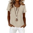 thumbnail image 4 of dazeni Summer Linen Shirts for Women Lace Trim V Neck Blouse for Work Comfortable Short Sleeve Tee Work Business Office Tops Beige X-Large, 4 of 7