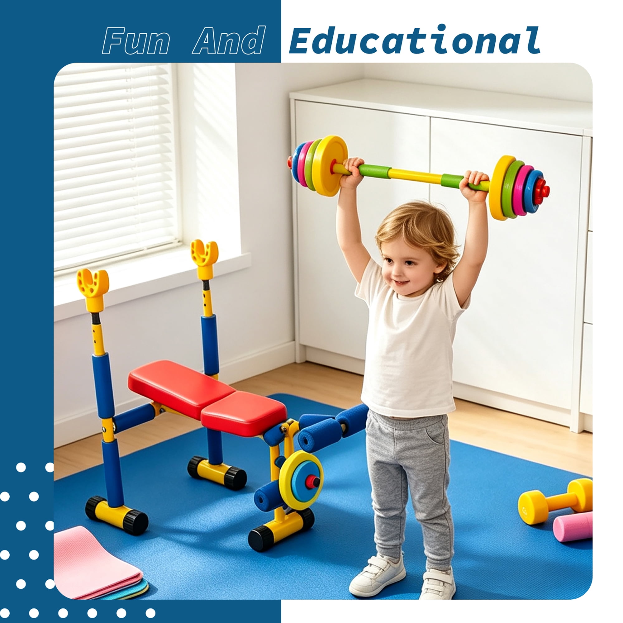 Easy Playhouse: Kids Weight Bench Press - Colorful Adjustable Barbell Rack, Toy Exercise Equipment, Water-Sand Fillable Plates, Foam Wrapped Frame