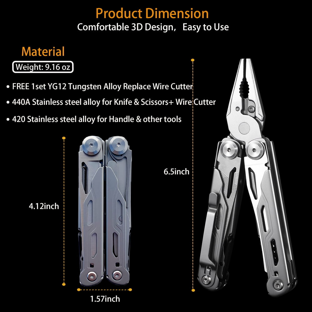 Maerd P6 Pocket Multitool with Foldable Self-Locking, 440A Stainless Steel Heavy Duty Multi tools, Outdoorsman Survival Camping EDC Multitools with Belt Clip