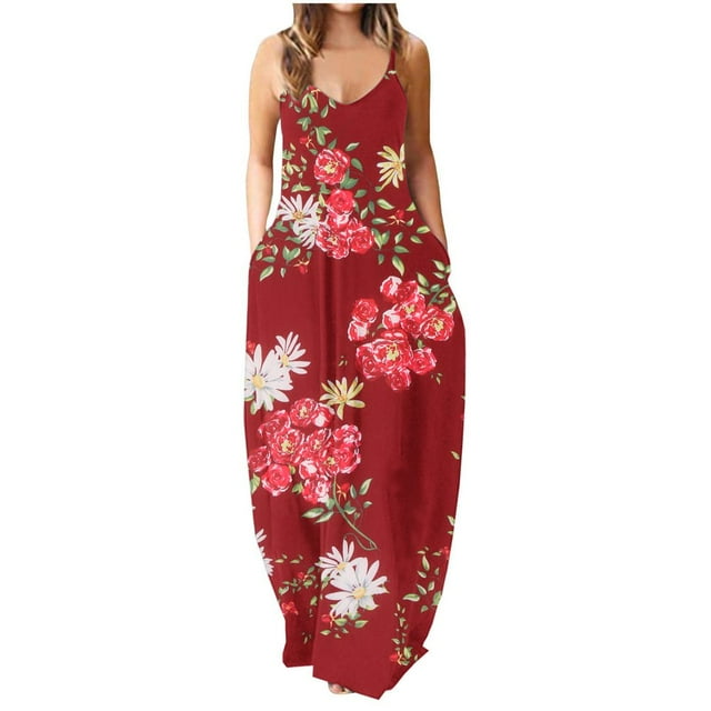 Robe d'Été pour Femmes Décontractée Sans Manches Grande Taille Longue Robe Maxi avec Poches Imprimé Floral Ample Robe de Plage Robe Bohème