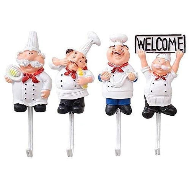 Paquete de 4 ganchos de pared de estatuilla de Chef francés de resina colgador de gancho de montaje en pared decorativo para cocinar (estilo surtido) Vhermosa LRWJ572