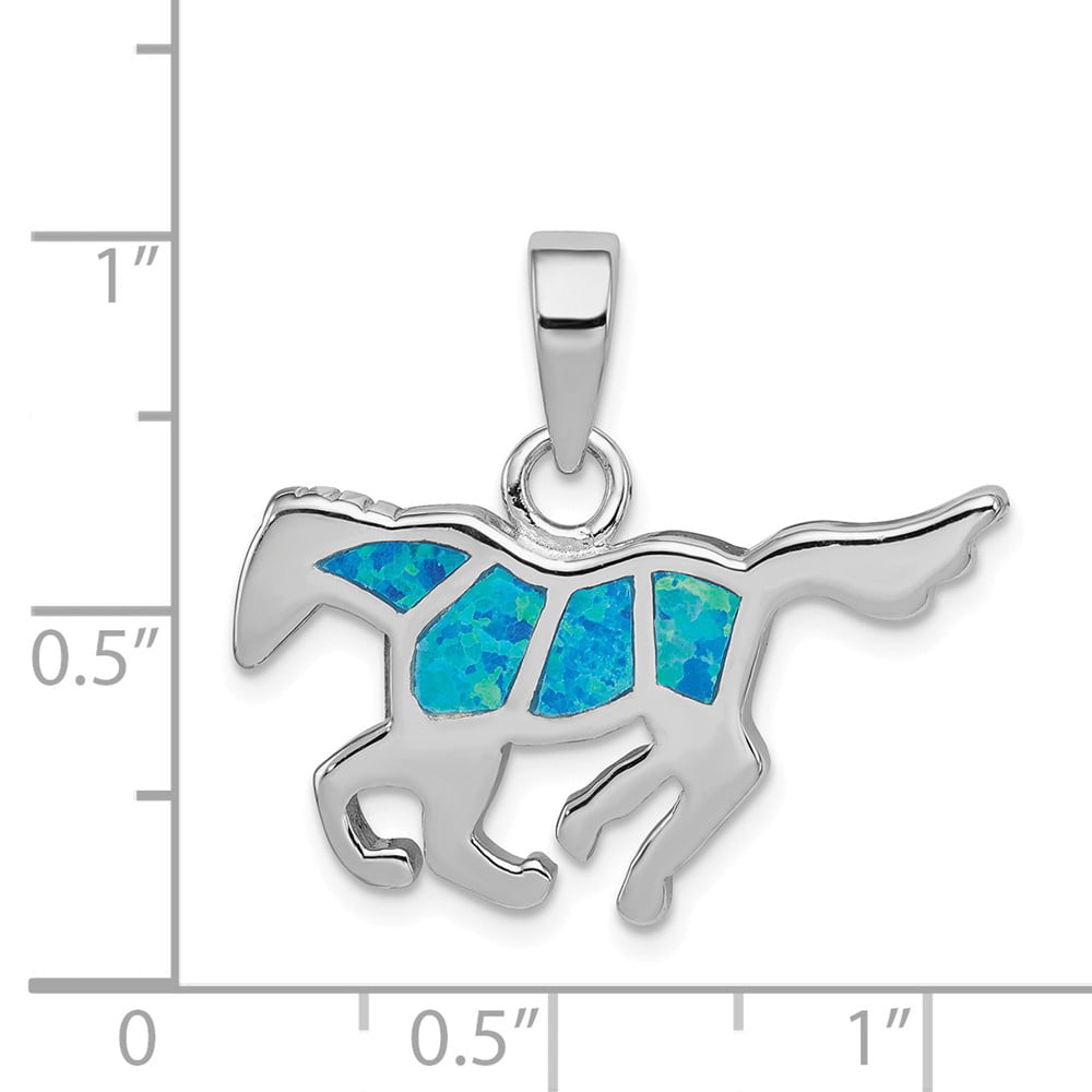 Solid 925 Sterling Silver Created Blue Simulated Opal Inlay Horse Pendant 23mm x 26mm