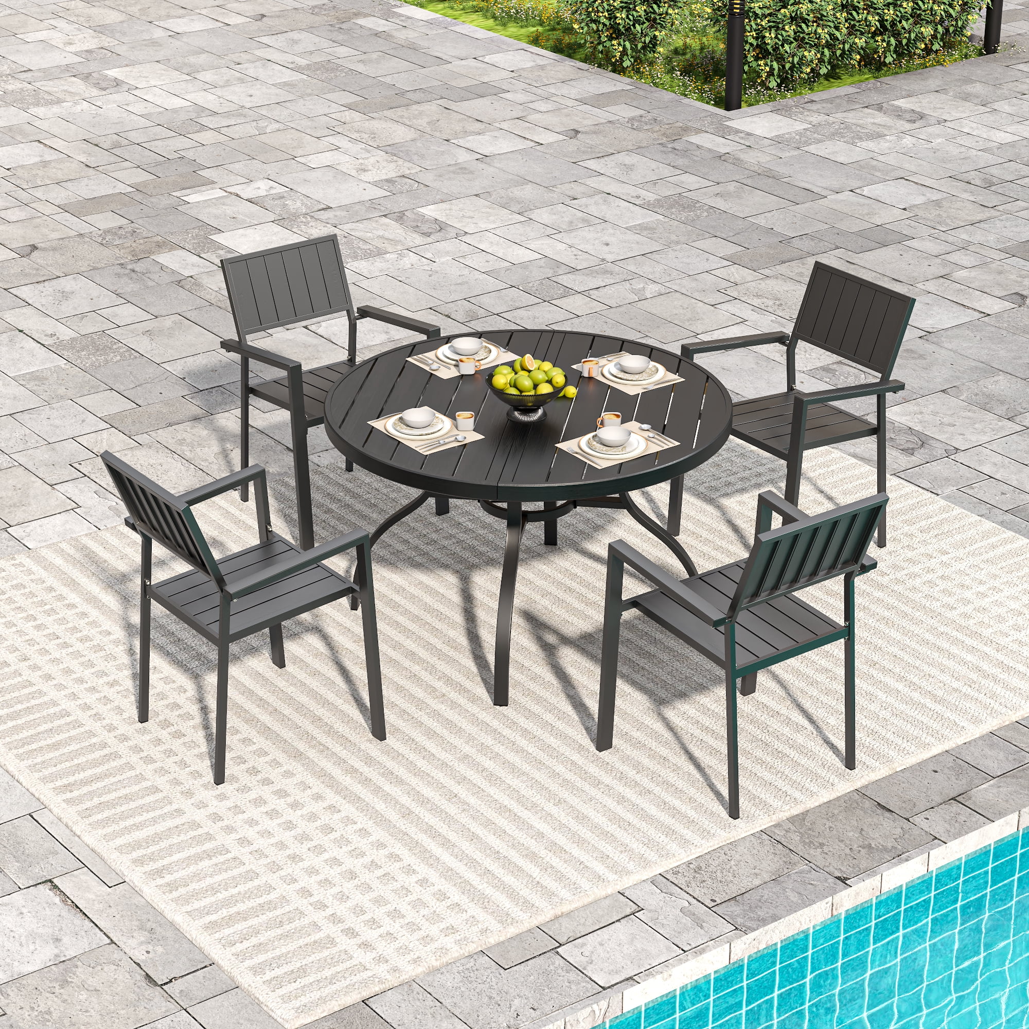 Round Patio Table with Umbrella Hole, 47-Inch Faux Wood Slat Top Outdoor Dining Table, Rust-Resistant Metal Legs for Garden and Deck, Black