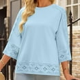 thumbnail image 2 of Feancey Prime Sales Womens Cotton Linen Tops Dressy Lace 3/4 Sleeve T-Shirts Spring Casual Round Neck Loose Blouse 2025 Trendy Vacation Tee Shirt Blue XL, 2 of 7