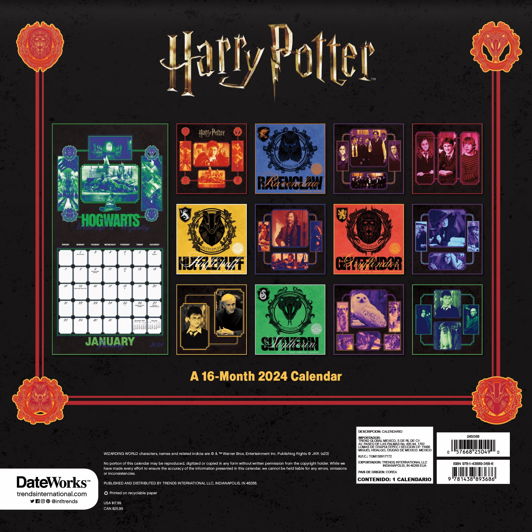 Trends International 2024 Harry Potter 2024 Harry Potter Wall Calendar & Magnetic Frame