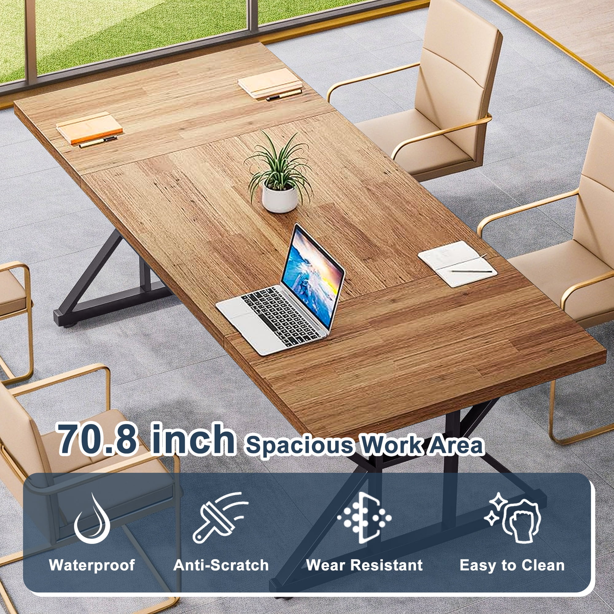 Demi Bonn 71" Farmhouse Dining Table, Wood Rustic Kitchen Table for 6 People, Large Rectangular Dinner Table for Dining Room, Home Office, Living Room Furniture, Walnut & Black