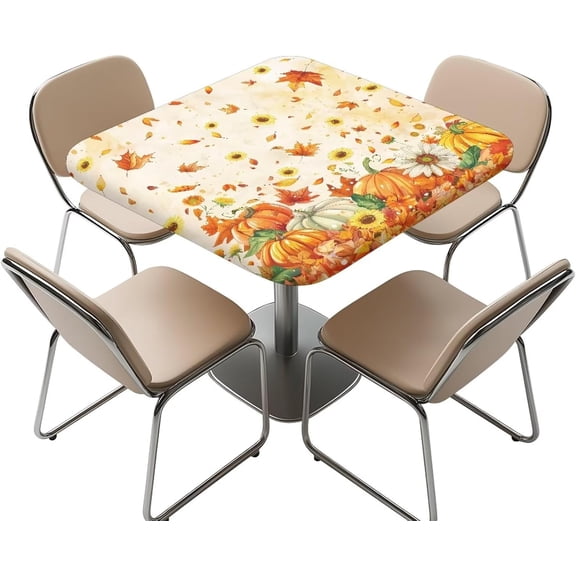 Thanksgiving Day Square Tablecloth with Elastic Edge for Indoor Thanksgiving Day Decor Patio Party Dining, Fit for 34" x 34" Pumpkin Maple Leaf Square Table