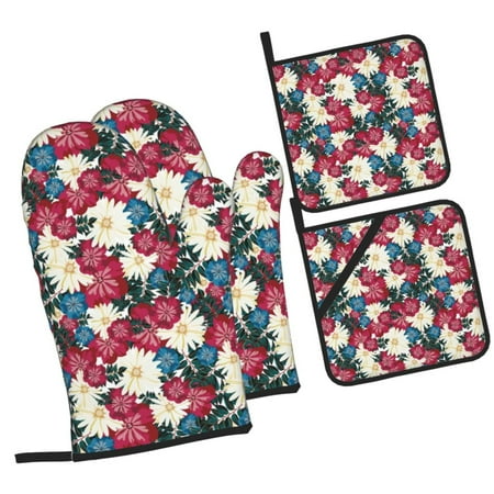 

Honeii Beautiful Flower Pattern Oven Mitts and Pot Holders Silicone Oven Gloves 500 F Heat Resistant Oven Mitts Sets 4PCS