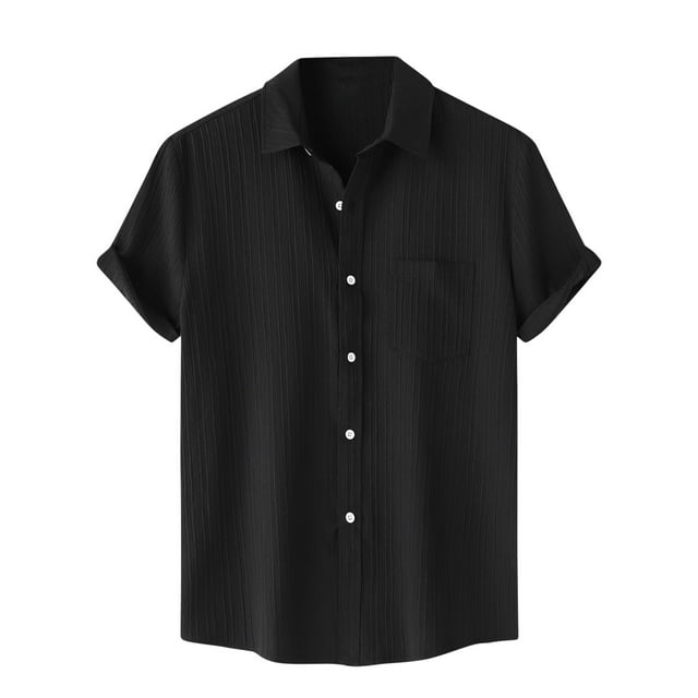 Men Casual Solid Turndown Short Sleeve Button Closure Shirt Hawaii Blouse
