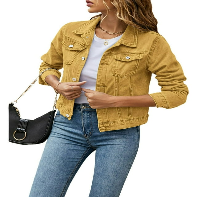 Veste en Jean Imitation Délavé à Manches Longues et Poches à Revers pour Femmes