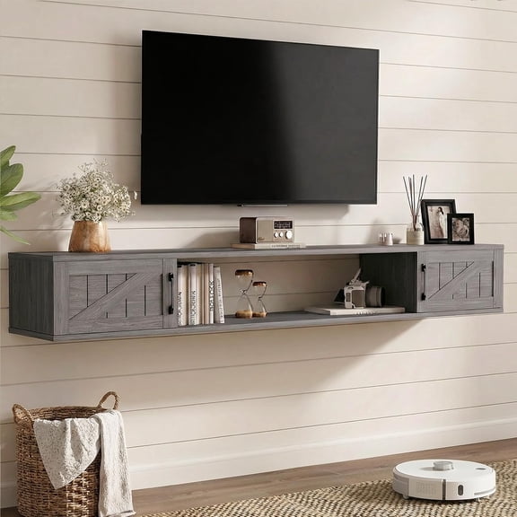 Floating TV Stand for TVs Up to 80", Farmhouse Floating TV Shelf with Flip Doors, Wall Mounted Entertainment Center with Storage, TV Floating Cabinet for Living Room, Gray
