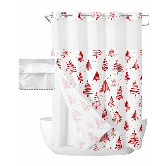 No Hook Shower Curtain with Snap in Liner, Red Christmas Tree Hotel Shower Curtains for Bathroom, Washable Shower Curtain Liner Set with Mesh Top Window, 60"x72"