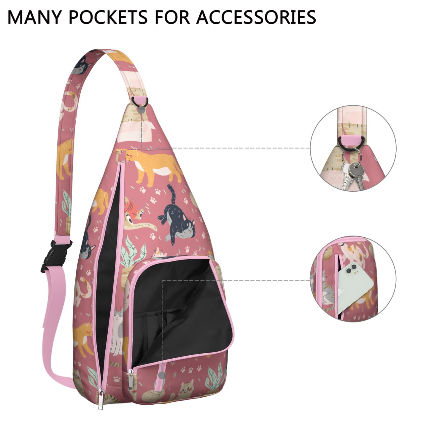 Pet Lover's Shoulder Bag - Hand-drawn Cat Graphic Sling Backpack (Lightweight Chest Bag, Easy Access Pockets)