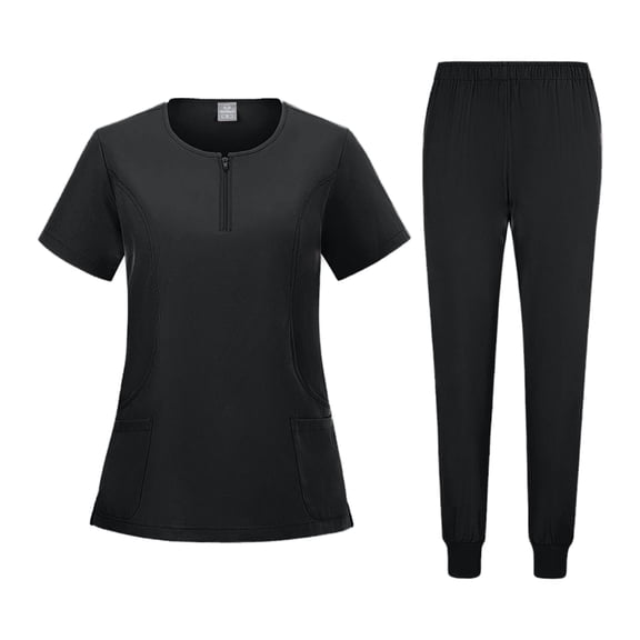Stralyhd Scrubs for Women Crew Neck Top & Jogger Pants with Multi Pockets for Nurse Medical Workwear Black S