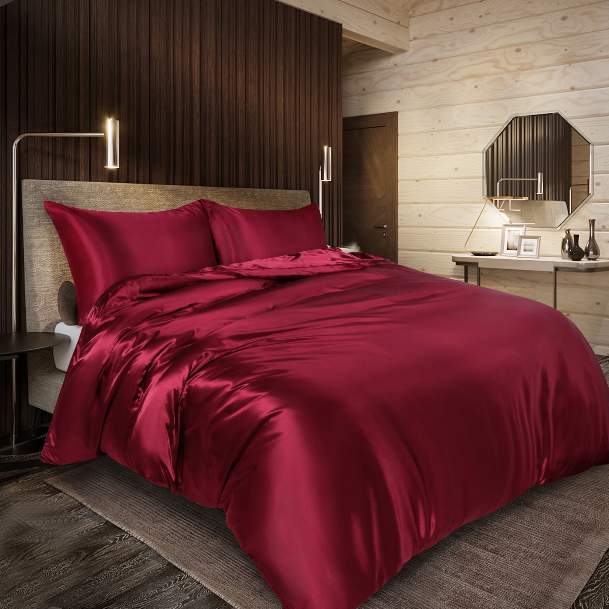 PiccoCasa 3Pcs Twin Size Duvet Cover Set Silk Satin Bedding Set with 2 Pillowcases, Burgundy