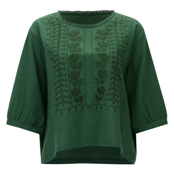 My Items Shirts for Women Women's Long Sleeve Shirts Women's Embroidered Short Sleeve Linen T Shirt with Longer Back Round Neck Casual Top M
