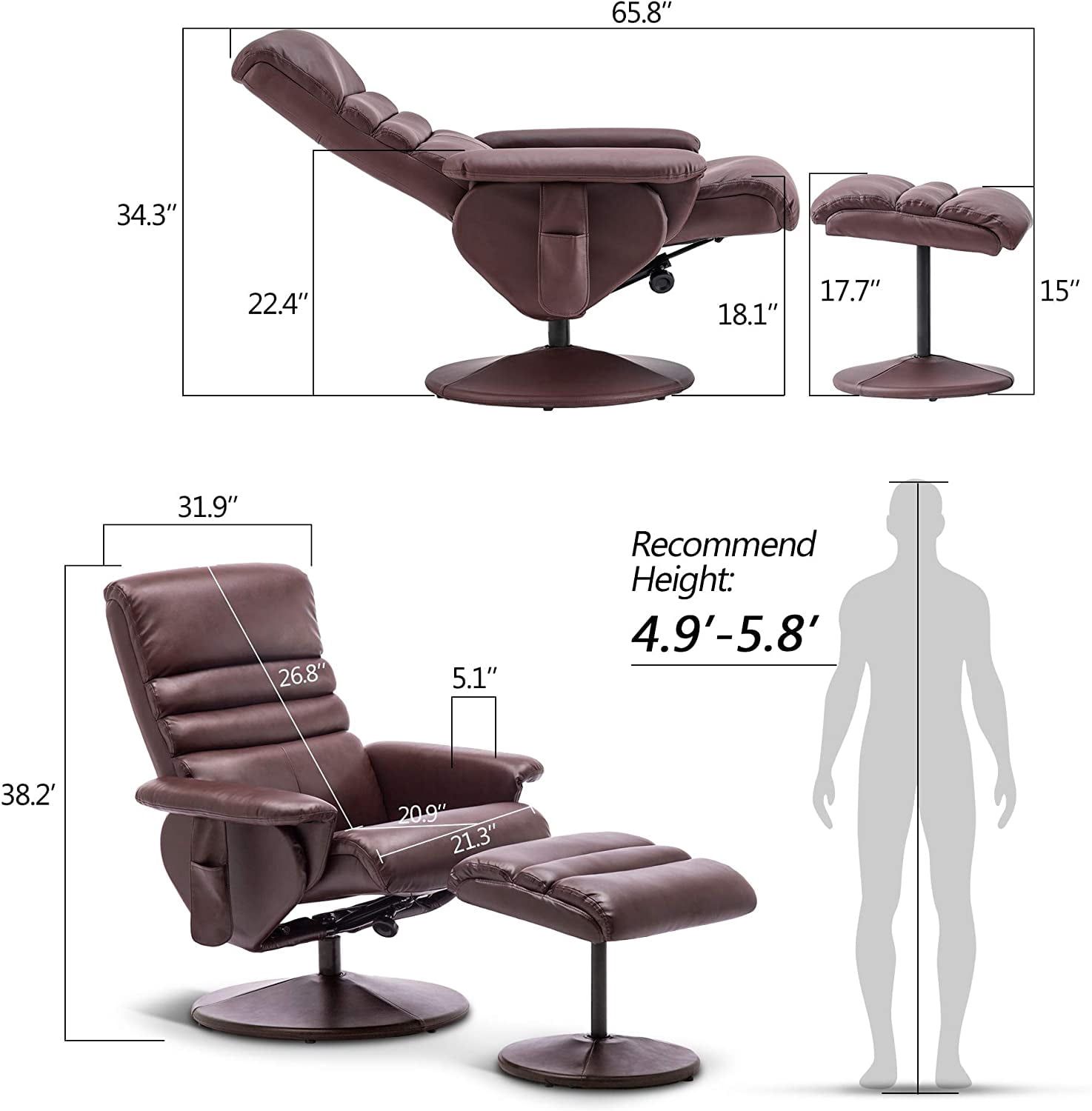 MCombo 360 Swivel Massage Recliner Chair with Ottoman for Living Room, Faux Leather, Dark Brown