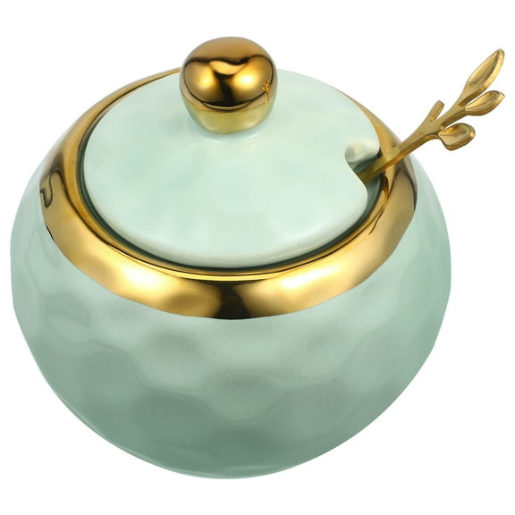PBPBOX Ceramic Sugar Container with Lid and Spoon 1 Set Porcelain Seasoning Bowl Condiment Pot for Salt and Sugar Jar