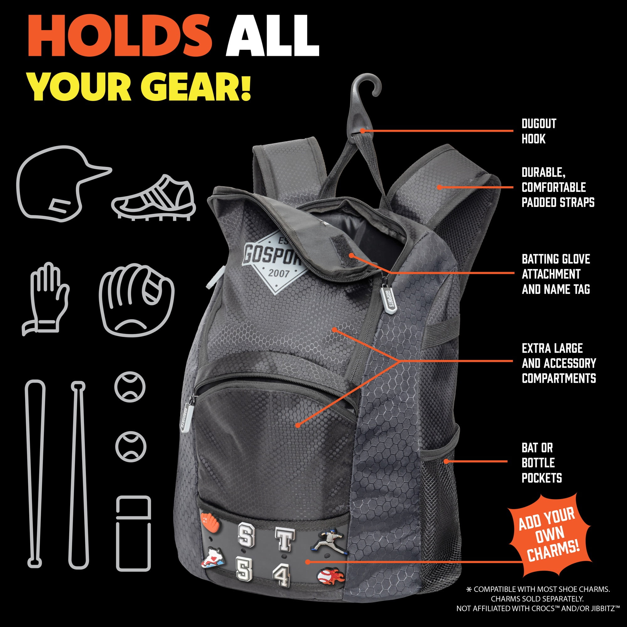 GoSports Youth Baseball and Softball Kids Backpack Bag with Customizable Charm Panel