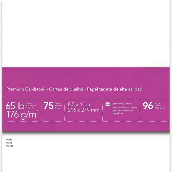 Bright White Cardstock, 8.5" x 11", 65 lb/176 gsm, White, 75 Sheets