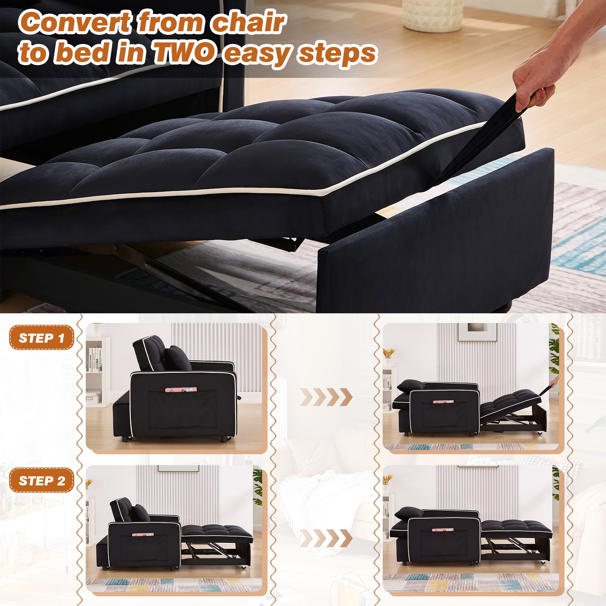 Dinosisco 4-in-1 Convertible Chair Bed, Sleeper Chair Lounge Chair Indoor, Modern Single Pull Out Couch for Living Room, Black Velvet